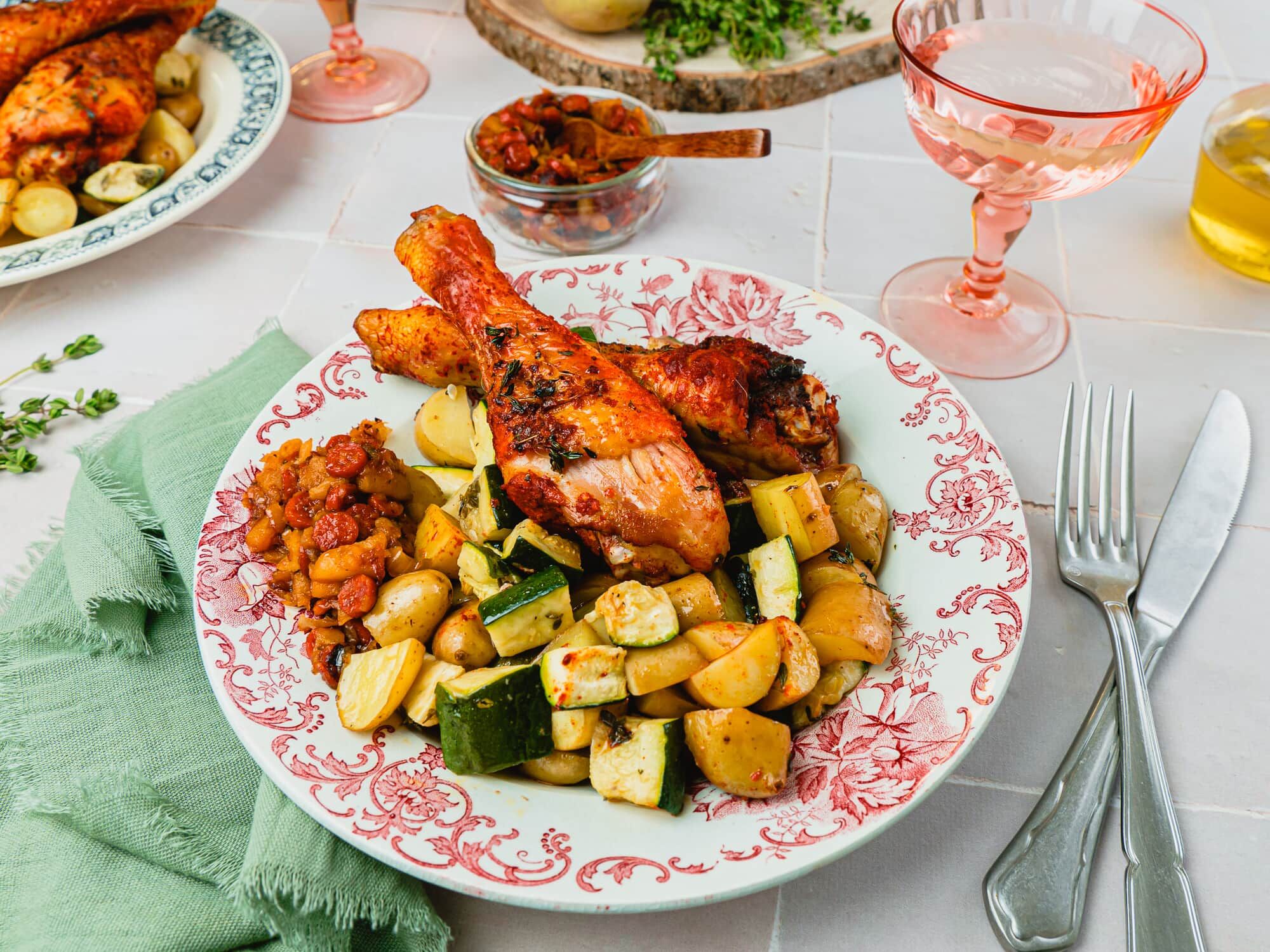 Poulet rôti au paprika, grenailles et chutney de chorizo Poulet rôti au paprika, grenailles et chutney de chorizo